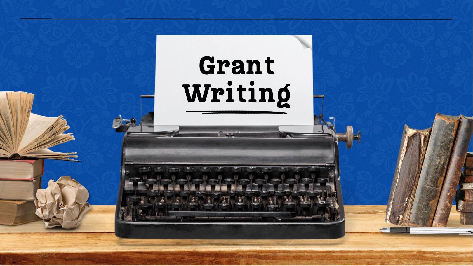 Decorative image of a typewriter with bold text on a paper saying "Grant Writing."